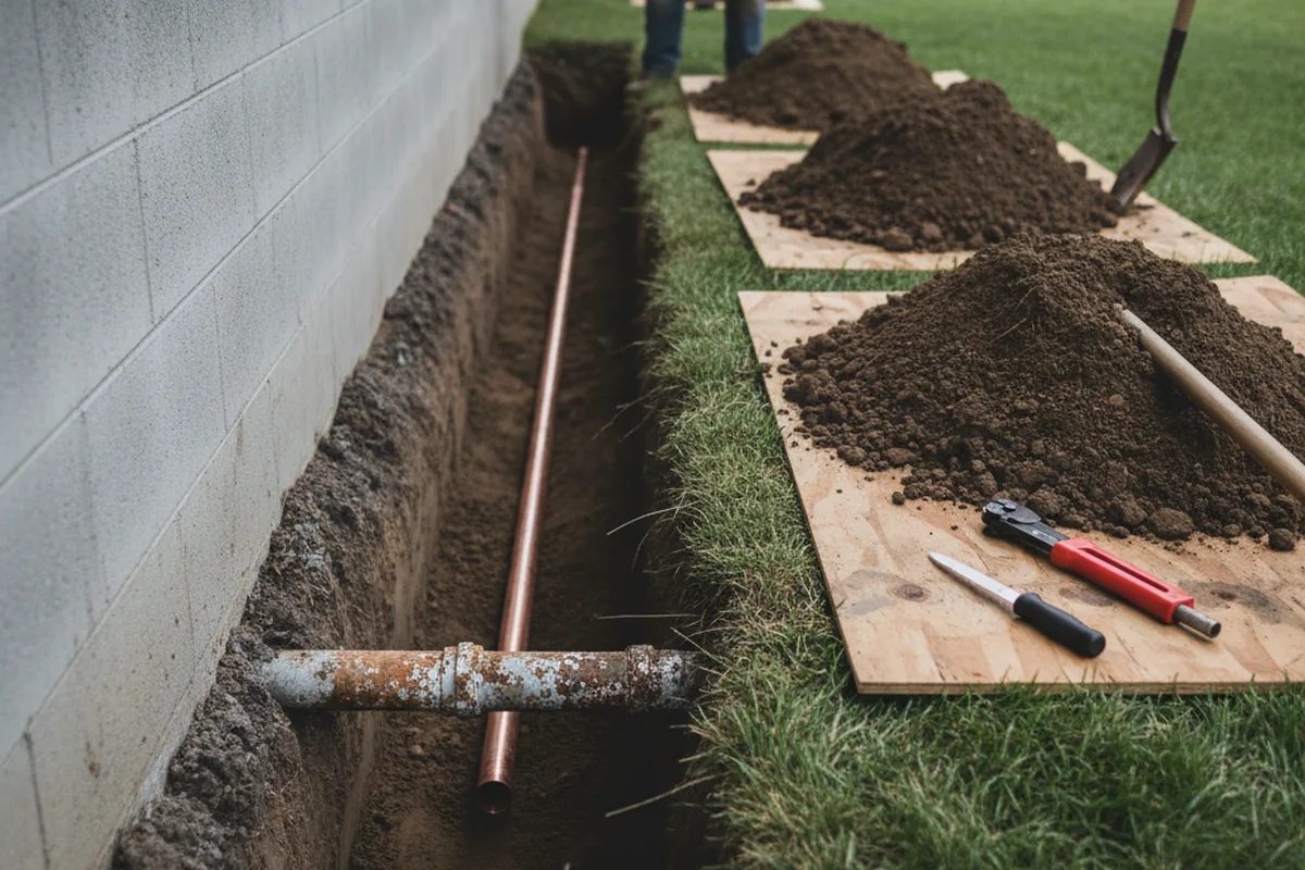 Excavated water line trench during Sewer Line Repair in Mabelvale